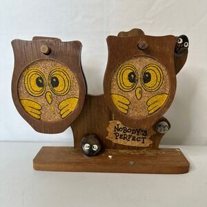 Vintage 70s Wooden Owl Coaster Set Nobody\'s Perfect Stand Retro Kitsch Folk Art